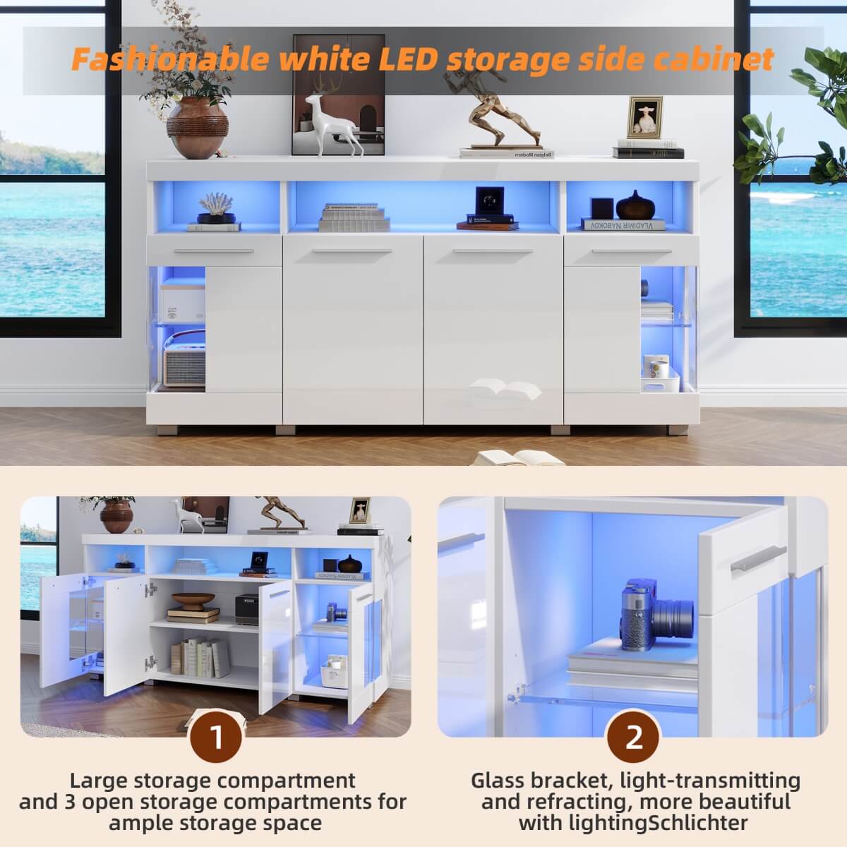 High Gloss White Sideboard with LED Lighting - Modern Storage Cabinet with 3-Tier Tempered Glass Display Shelves