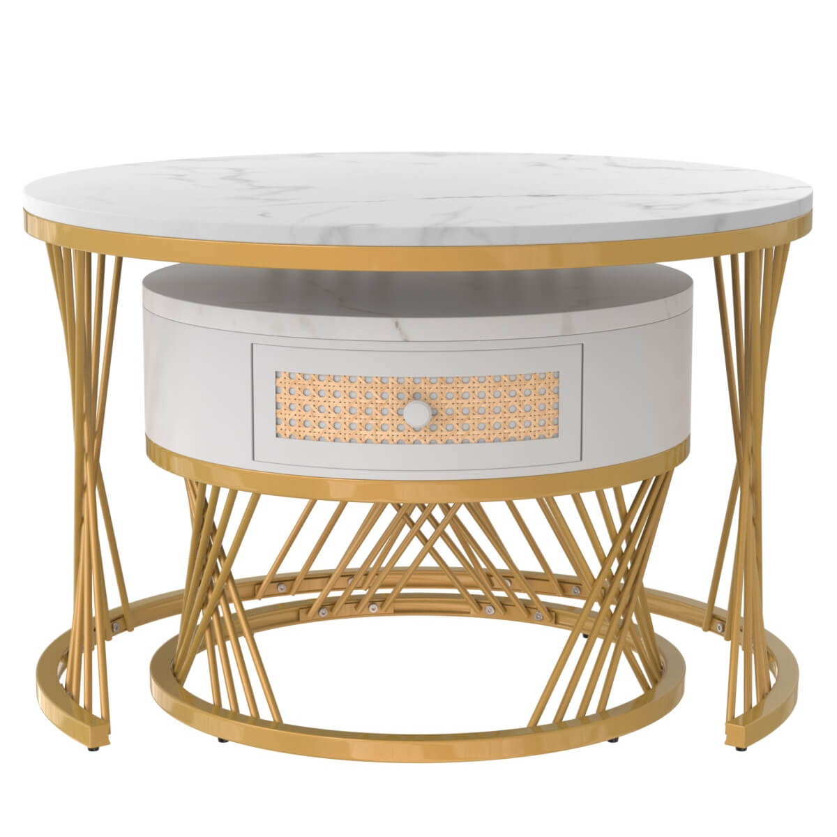 2-in-1 Round Coffee Table – Marble Effect Top, Rattan Drawers, Gold Iron Legs