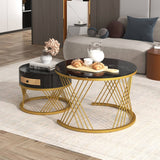 2 in 1 Round Coffee Table Set - Marble Effect Top, Rattan Drawers, Gold Metal Legs