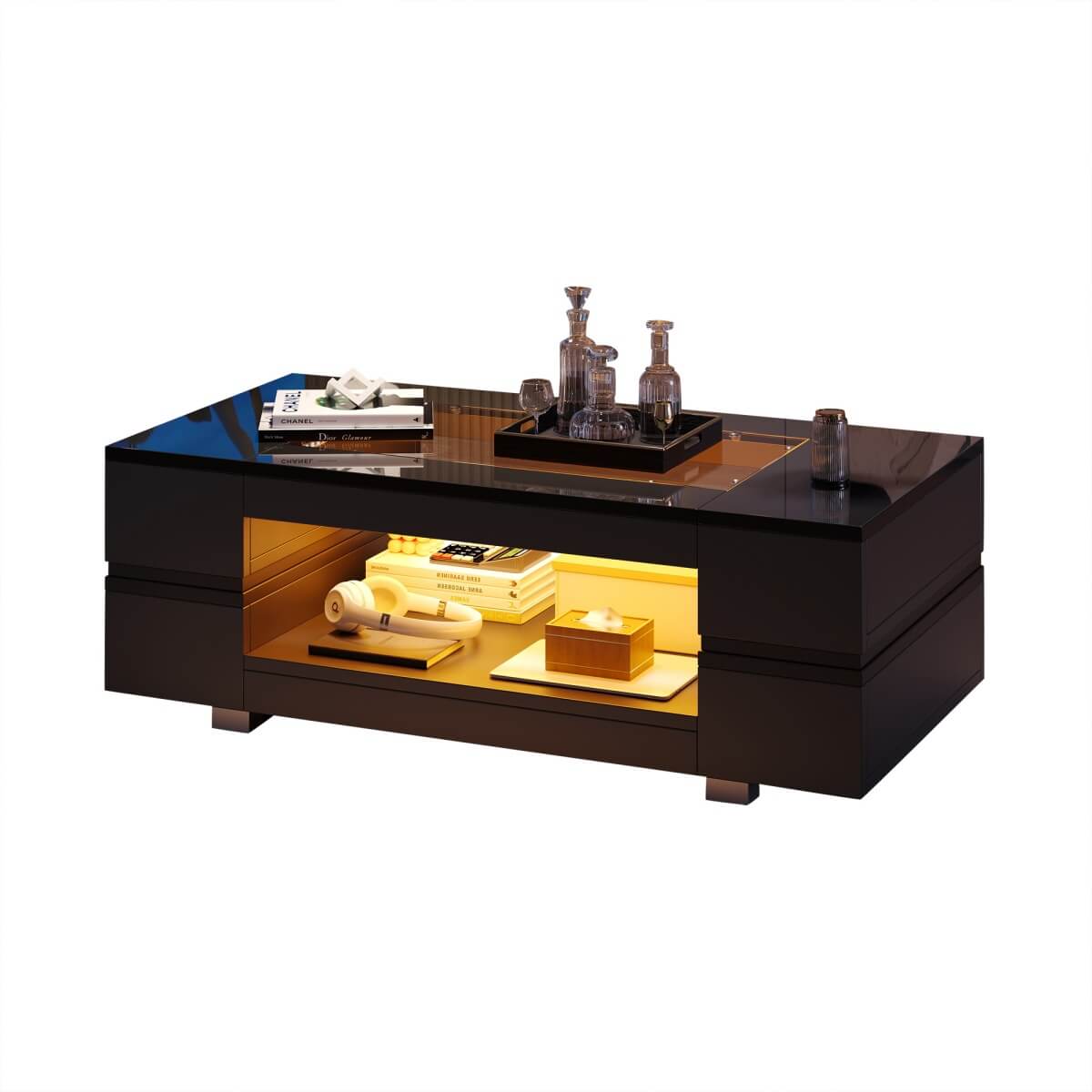 High Gloss Coffee Table with LED Lights – Black Centre Table with Glass Top & Open Storage