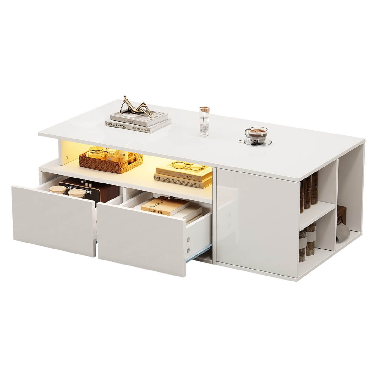 High Gloss Coffee Table with LED Lights - White Centre Table with 2 Drawers & Open Storage